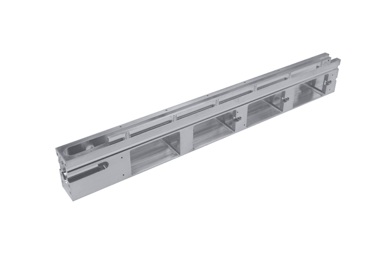 Precision-manufactured aluminum waveguide assembly with integrated compartments, featuring multi-stage internal geometry and precision-machined mounting interfaces designed for high-frequency signal transmission in defense communications systems.