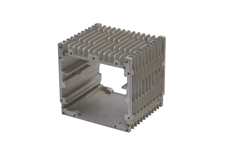 Cube-shaped aluminum heat sink enclosure with integrated cooling fins on all sides, featuring precision-machined cutouts and mounting points for electronic component integration with optimized thermal dissipation architecture.