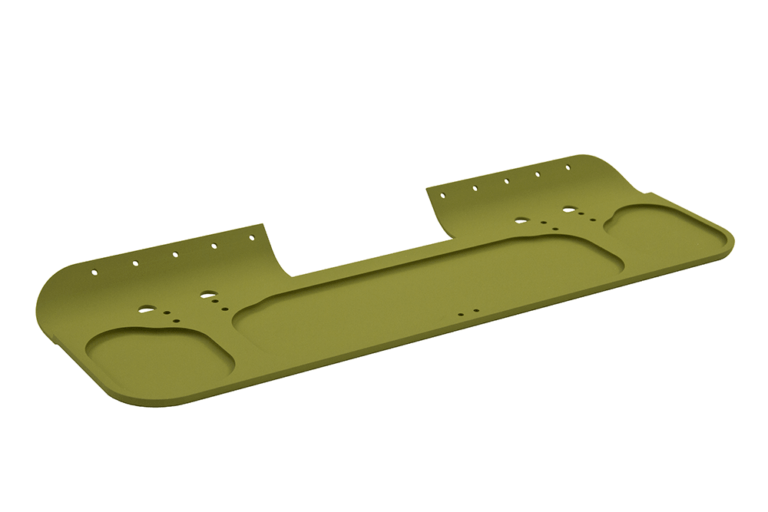 Military-grade olive drab formed sheet metal component with precision-stamped mounting holes, recessed equipment mounting surfaces, and carefully engineered geometry for integration into tactical defense systems.