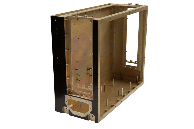 Partially assembled ruggedized electronics enclosure featuring gold-chromated interior, precision-machined mounting points, black anodized side panels, and integrated component alignment structures designed for defense communication systems.