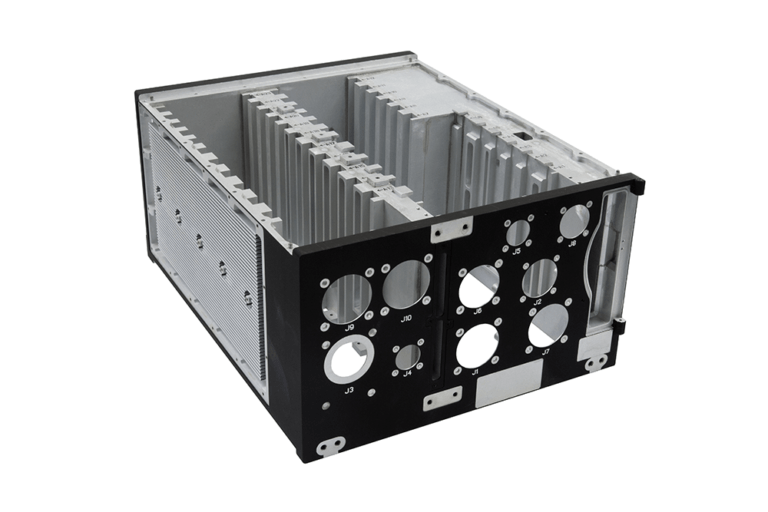 Angled view of military-grade electronics chassis showing internal card guides, thermal management channels, labeled connector ports, and reinforced construction designed for harsh operational environments.