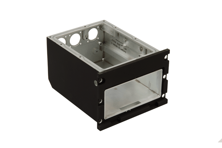 Dip-brazed aluminum electronics enclosure with two-tone finish, featuring internal connector mounting surfaces, precision apertures for interface connections, and reinforced construction for aerospace applications.