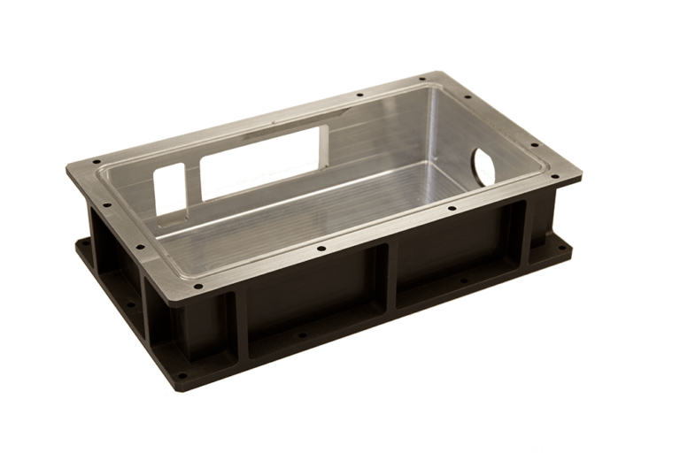 Precision-machined aluminum chassis assembly with polished interior cavity, integrated mounting flange, and reinforced support structure designed for avionics equipment housing with strategically placed access ports.