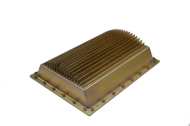 Gold-anodized aluminum heat sink module with parallel cooling fin architecture, featuring precision-machined baseplate, perimeter mounting holes, and optimized thermal dissipation design for high-performance defense electronics.