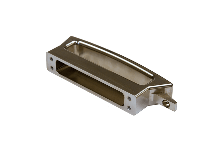 Precision-machined stainless-steel interface component with mirror-polished surfaces, integrated mounting points, and specialized connector port designed for critical aerospace system integration.