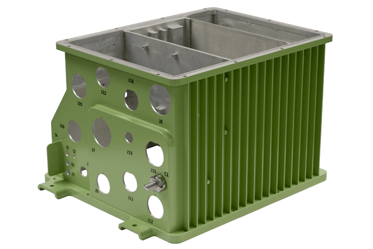 Military-grade green aluminum electronics housing with thermal management design, featuring precisely positioned circular cutouts, internal compartments, and mounting points for ruggedized environments.