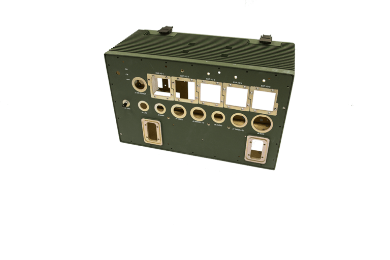 Military-specification electronics enclosure with olive drab finish, featuring integrated cooling fins, multiple interface cutouts with EMI-shielded frames, and precision-labeled connector ports for tactical communications equipment.