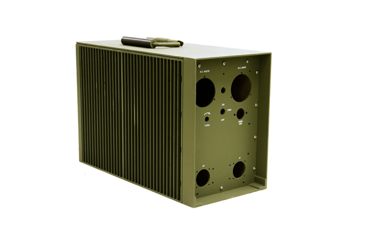 Portable military-grade electronics enclosure with integrated carrying handle, thermal management system, and front panel connector ports including power interfaces and operational controls for field deployment.