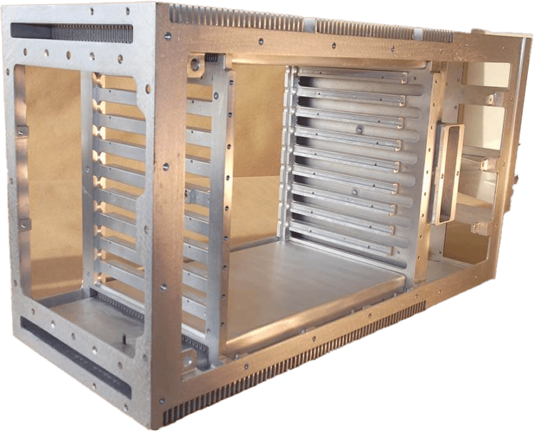 Aluminum electronics chassis framework with integrated card guides, precision-machined ventilation features, and thermal management design showcasing NAMF's advanced manufacturing capabilities for defense and aerospace applications.