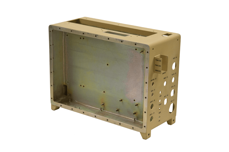 Dip-brazed aluminum enclosure with beige finish, featuring precision-machined mounting holes, cutouts for interface connections, and reinforced frame design for defense and aerospace applications.