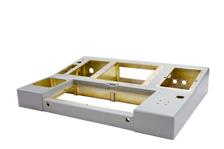 Multi-compartment aluminum chassis with silver exterior coating and gold chromate internal finish, featuring precision-machined cavities and integrated mounting holes for advanced electronic component installation.