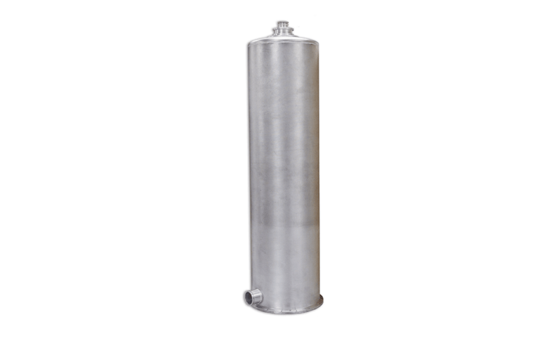 Cylindrical pressure vessel fabricated from aerospace-grade aluminum with precision-welded seams, featuring integrated inlet/outlet ports and reinforced end caps designed for high-pressure fluid containment in aviation applications.