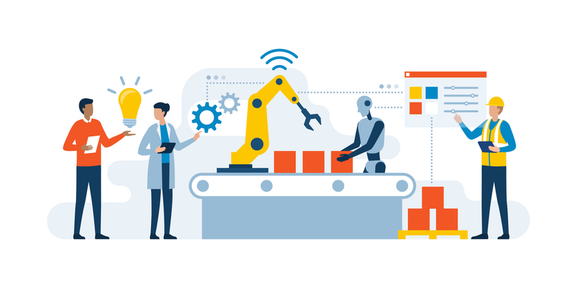 Smart industry production process with workers, robots and interactive interface