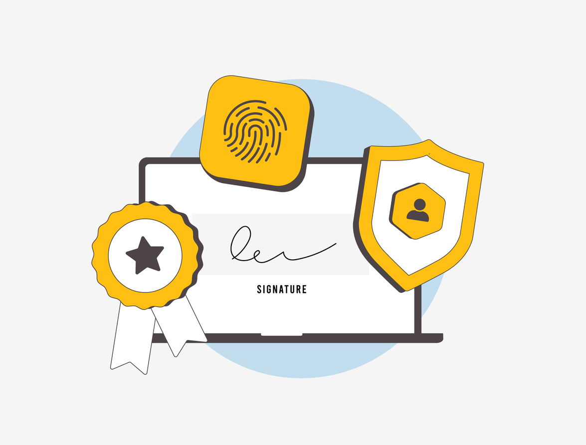 Electronic signature for secure online document signing, digital authentication, and biometric e-signature solutions. Paperwork with legally binding digital contracts. Vector illustration and icons.